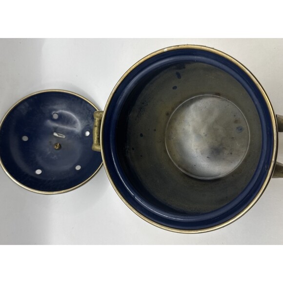 Vintage Brass and Enamel Blue Garlic Candle Pot with Vented Lid Brass Handles - Picture 7 of 8